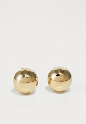 Gold spherical stud earrings with a polished finish and small post. Feature a smooth texture and reflective surface.