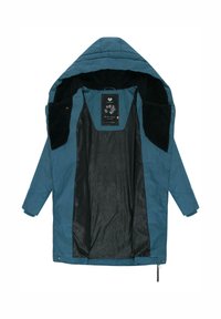 Lang blågrønn vattert kåpe med hette, med myk svart fleeceforing. Innsiden har et teksturert svart design og logoetikett.