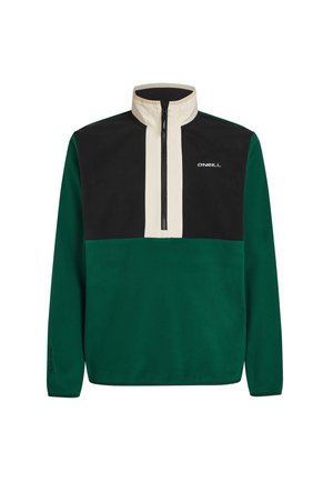 Pullover em fleece verde e preto com colarinho alto, fecho de zíper na frente até meio e logótipo. Apresenta cores sólidas e uma textura suave em todo o produto.