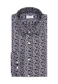 Camicia button-up blu navy con motivo floreale bianco, colletto alla francese e polsini con un bottone. Tessuto morbido con una texture liscia.