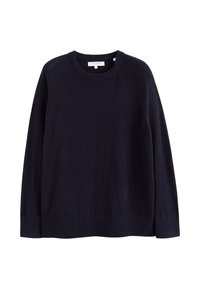 Maglione blu navy a maniche lunghe con scollatura rotonda, polsini e orlo a costine, realizzato in un morbido tessuto strutturato. Presenta maniche raglan.