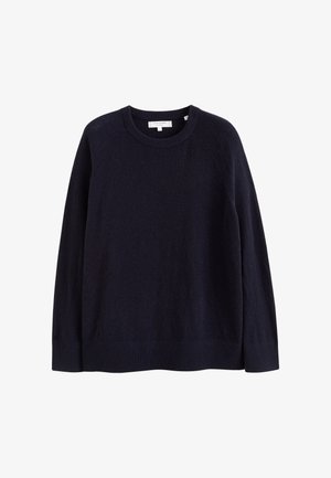 Pull en maille bleu marine à manches longues avec un col rond, des poignets et un ourlet côtelés, fabriqué dans un tissu doux et texturé. Comprend des manches raglan.