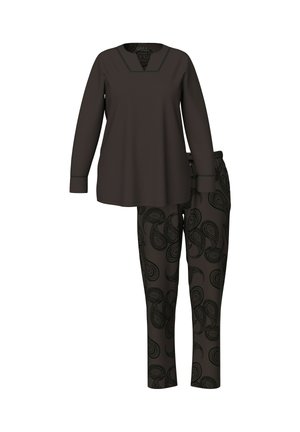 Braune Langarm-Tunika mit V-Ausschnitt und schwarzem Saum, kombiniert mit dunklen Hosen mit Paisley-Muster. Beide aus weichem, leichtem Material gefertigt.