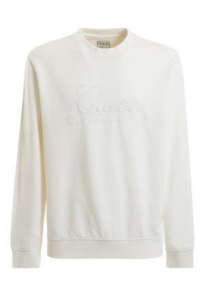 Sudadera blanca de algodón con cuello y puños acanalados. Presenta el logo en relieve "Guess Los Angeles" en el centro. Diseño simple y corte relajado.