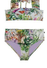 Tvådelad bikini med blommönster i livfulla färger, tillverkad av elastisk tyg. Toppen har justerbara band; botten inkluderar lila detaljer.