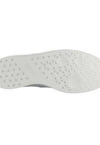 Die Außensohle des ECCO-Schuhs besteht aus Gummi, hat eine weiße Farbe und zeigt ein strukturiertes Sternmuster, kreisförmige Akzente und Branding in der Nähe der Ferse.