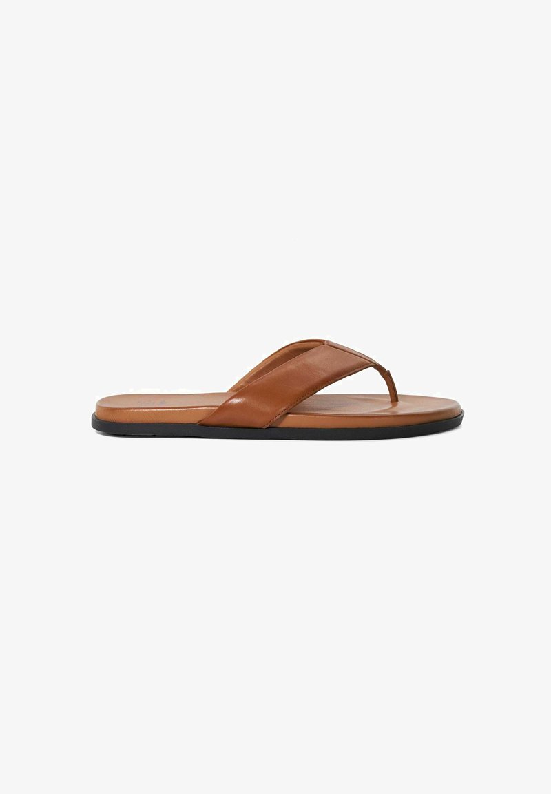 Brown leather flip-flop sandals with a soft textured footbed, flexible straps, and a black rubber sole. Minimalist design, lightweight.