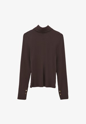 Bruine lange mouw turtleneck top van ribbeltextuur, met een aansluitend ontwerp en gouden knoopdetails op de mouwen.