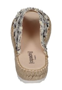 Espadrille-style shoe with a woven fabric upper featuring a black and white pattern, jute rope midsole, and a textured beige insole.