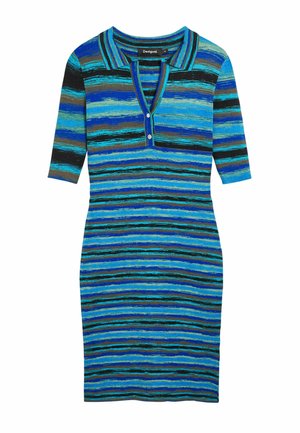 Abito lavorato a maglia a righe blu, nere e verdi, con colletto polo, chiusura con bottoni e maniche a tre quarti. Tessuto testurizzato con motivo a costine.