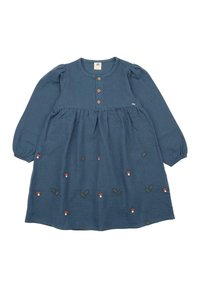 Blue long-sleeve dress with a round neckline, wooden buttons, and embroidered mushroom and leaf patterns. Made from soft fabric.