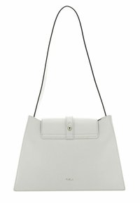Grijze leren handtas met een driehoekige vorm, zwarte schouderriem, klepsluiting en gouden hardware. Bevat de merknaam "Furla" in het goud.