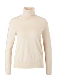 Kremowy sweter z długim rękawem i golfem, z prążkowanymi mankietami i ściągaczem, prezentowany na białym tle.