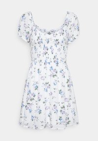 Vit kort klänning med puffärmar, r gathered bodice och tryck i blå och lila blommor.