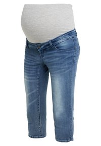 Gravidjeans i ljusblå denim med en kortad design, med ett grått stretchmidjepanel för komfort och flexibilitet.