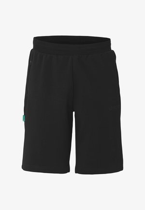 Schwarze Sportshorts mit elastischem Bund, seitlichen Reißverschlusstaschen und einem dezenten Logo, das am Bein aufgedruckt ist. Hergestellt aus leichtem, atmungsaktivem Material.