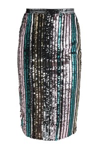 Jupe crayon en sequins avec des rayures horizontales en noir, rose, turquoise et or. Présente un design ajusté et une texture brillante tout au long.