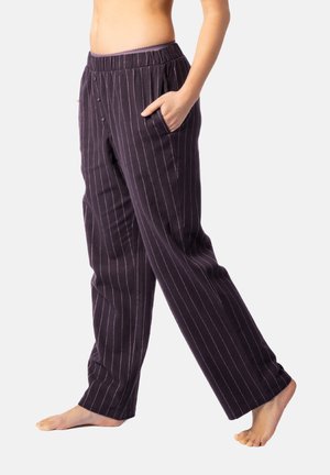 Black pinstriped wide-leg pants with an elastic waistband, side pockets, and a soft texture. Suitable for casual wear.