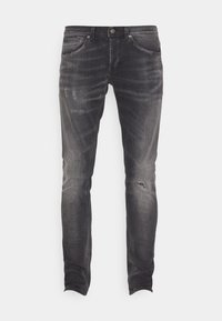 Slim-fit black denim jeans with faded wash, subtle distressing on thigh and knee, five-pocket style, and button closure.