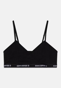 Fekete bralette, amely csomagolásos dizájnnal, állítható pántokkal és a fehér "CONVERSE" logóval rendelkezik az alján található elasztikus pánton.