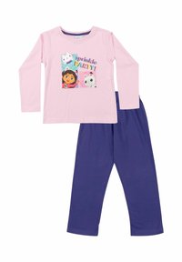 Maglietta rosa a maniche lunghe con grafica "Sprinkle Party!" e personaggi dei cartoni, abbinata a pantaloni viola con vita elastica, entrambi realizzati in tessuto morbido.