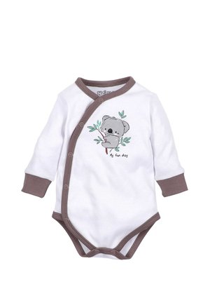 Weißer Langarm-Body mit braunen Akzenten und Druckknöpfen. Verfügt über eine Koala-Grafik und den Text "Mein aufregender Tag". Hergestellt aus weichem Baumwollmaterial.