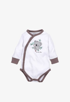 Witte lange mouwen romper met bruine accenten en drukknoopjes. Bevat een koala-afbeelding en de tekst "Mijn leuke dag." Gemaakt van zachte katoen.
