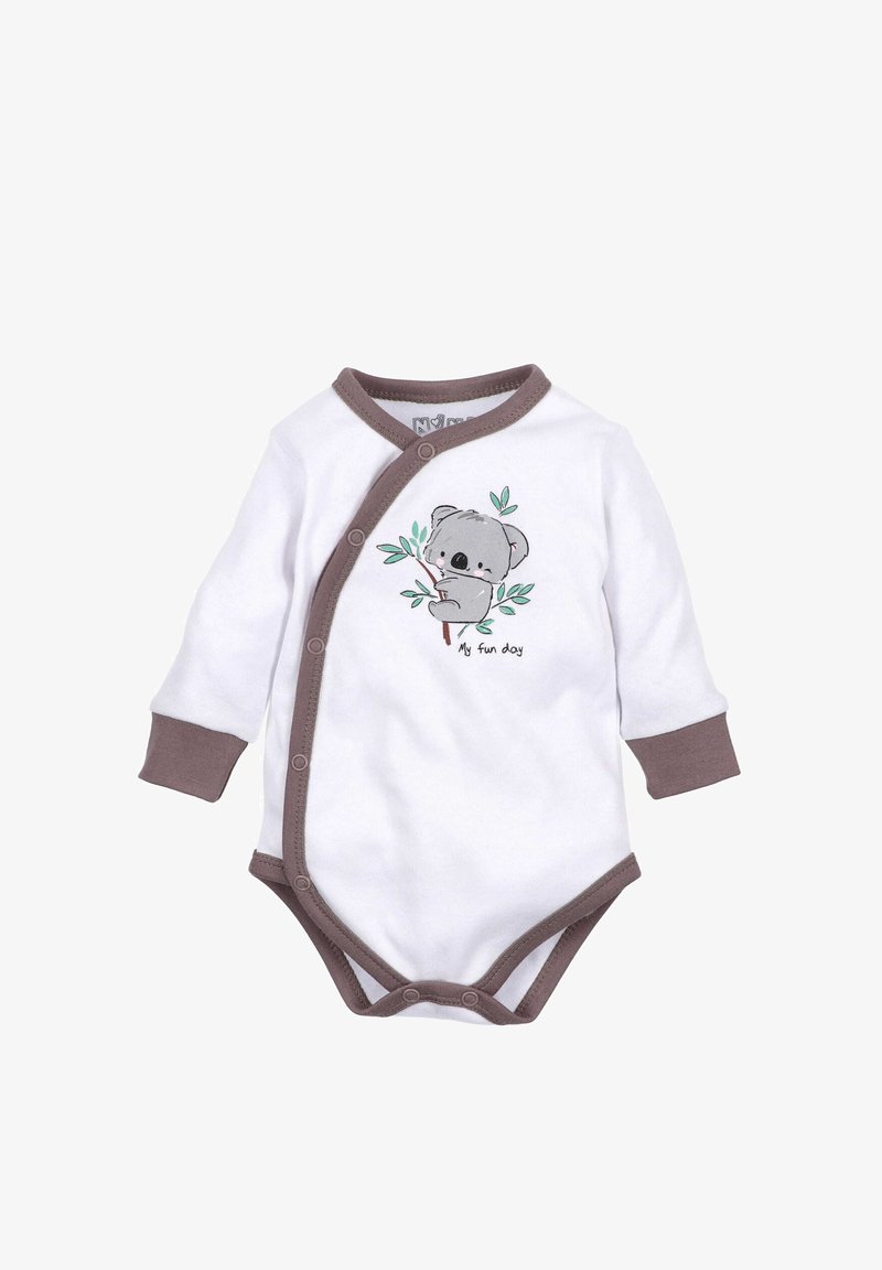 Biała bodziak z długim rękawem, z brązowymi akcentami i zatrzaskami. Zawiera grafikę koali oraz napis "Mój wesoły dzień." Wykonana z miękkiego materiału bawełnianego.