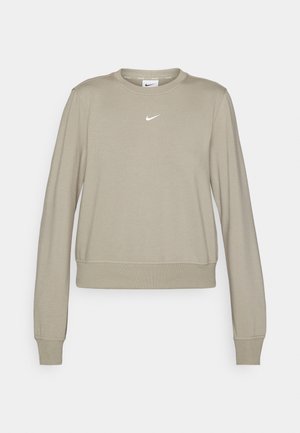 Lichtgrijze trui met een ronde hals, lange mouwen en een wit logo op de borst. Zachte stof, geribbelde manchetten en zoom. Eenvoudig ontwerp.