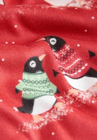 Punane kangas, millel on multifilmipengud roheliste ja punaste sviitritega. Taustal on väikesed valged lumehelbed ja pehme tekstuur.