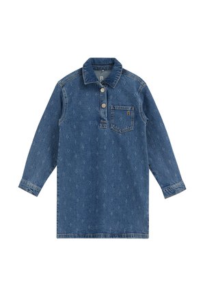 Blå langærmet denimkjole med krave, to forreste knapper og en brystlomme med lille broderet logo.