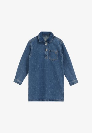 Langärmeliges blaues Denimkleid mit Kragen, zwei vorderen Knöpfen und einer Brusttasche mit kleinem besticktem Logo.