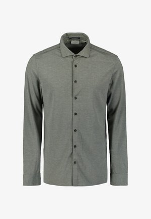 Herren Langarmhemd aus strukturiertem grünem Stoff; ausgestattet mit einer durchgehenden Knopfleiste, schwarzen Knöpfen und einem klassischen Kragen.