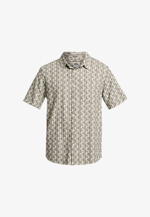 Košeľa s krátkym rukávom na gombíky, béžové pozadie a vertikálny hnedo-čierny geometrický vzor vĺn a listov.
