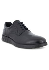 Chaussure habillée en cuir noir avec une surface lisse, un bout arrondi et une semelle texturée contrastante. Dispose de six œillets et de détails de coutures subtils.