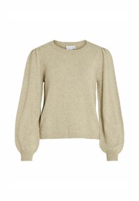 Gai bēšs pulovers ar apaļu kakla izgriezumu, garām pūkainām piedurknēm un ribotām aprocēm. Mīksta adīšanas tekstūra, vienkāršs dizains bez rakstiem.