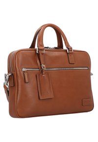 Brown leather briefcase with a rectangular shape, front zipper pocket, dual handles, and detachable shoulder strap. Features a luggage tag.