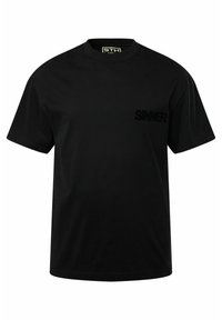 Schwarzes Baumwoll-T-Shirt mit Rundhalsausschnitt, lockerer Passform und kurzen Ärmeln. Mit dezentem "SMNR" Branding in passender Textur auf der Brust.