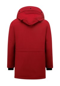 Rode jas met capuchon, met een gladde textuur, lange mouwen met zwarte boorden en een recht uitgesneden achterkant. Geen zichtbare zakken of hardware.