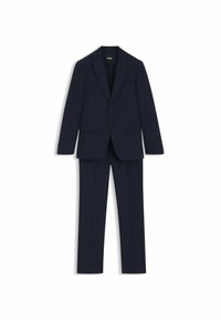 Mörkblå kostym bestående av en kavaj och byxor. Kavajen har två framfickor och en enkel knappstängning; tyget har ett subtilt mönster.