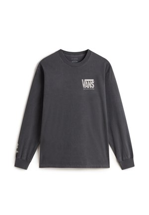 T-shirt à manches longues en coton gris foncé, avec un logo Vans blanc sur le devant et un texte sur la manche. Design classique à col rond.