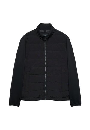 Veste légère noire avec fermeture éclair à l'avant, col montant, manches longues et deux poches avant sur fond blanc.