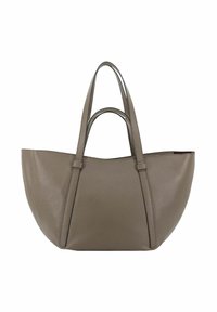Sac fourre-tout en cuir texturé gris avec des double poignées, dont une plus longue pour l'épaule et une plus courte pour le transport à la main, présentant un bord supérieur légèrement incurvé.