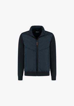 Schwarze Herrenjacke mit Reißverschluss, gepolstertem Vorderteil, gestrickten langen Ärmeln, hohem Kragen und zwei Seitentaschen.