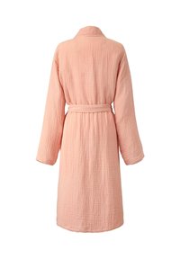 Peignoir en coton de couleur pêche avec un motif en grille texturé, manches longues et ceinture nouée. La vue arrière montre un design de longueur genou.