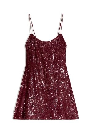 Mini-robe bordeaux sans manches avec fines bretelles spaghetti réglables et embellissements brillants en sequins sur toute la surface.