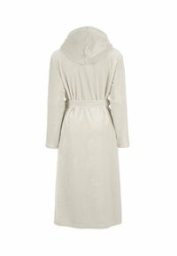 Huvudbadrock i ljusbeige, tillverkad av mjukt, plyschigt material. Har långa ärmar, midjeband och längd till vaden.