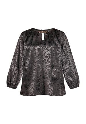 Blusa nera e grigia con motivo leopardato, maniche lunghe con polsini elasticizzati, scollatura rotonda e dettaglio a chiave sulla schiena.