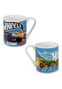 Tazza in ceramica bianca con grafiche colorate "Hot Wheels", auto da corsa e sfondo blu. Manico laterale per una presa facile.
