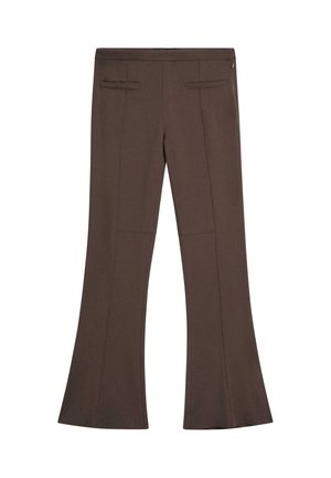 Braune Schlaghosen mit hoher Taille, versehen mit zwei aufgesetzten Taschen auf der Rückseite und einem seitlichen Reißverschluss.